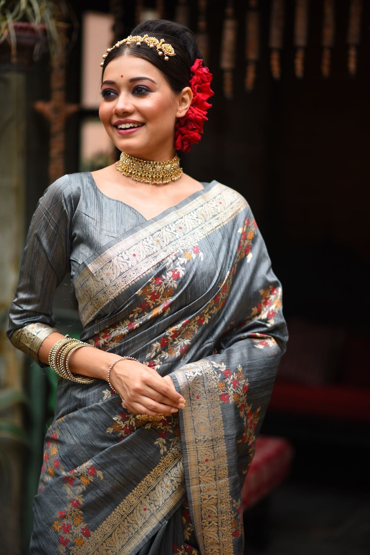 Buy MySilkLove Bombay Grey Woven Tussar Silk Saree Online