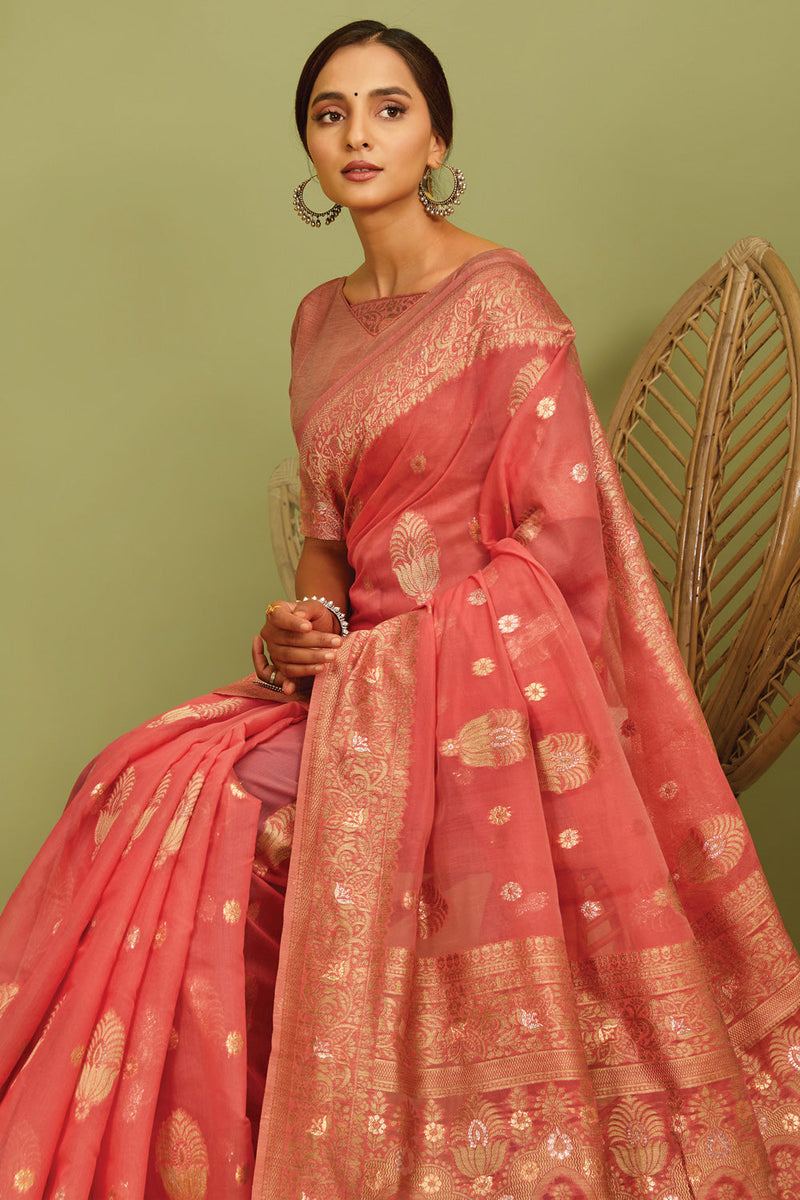 Roman Light Pink Zari Woven Linen Saree