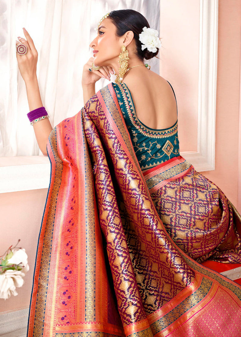Copper Purple and Blue Zari Woven Banarasi Saree with Designer Blouse