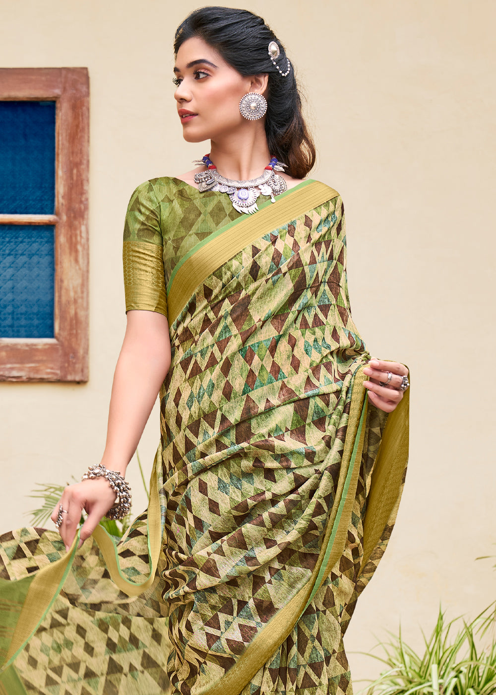 Buy MySilkLove Sycamore Green Banarasi Printed Saree Online