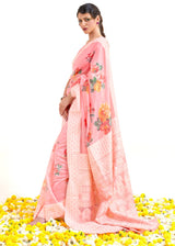 Azalea Pink Zari Woven Digital Printed Linen Saree