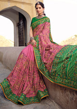 Contessa Pink and Green Banarasi Saree with Kachhi,Mirror and Diamond Work
