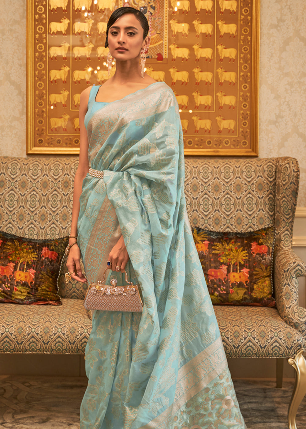 Buy MySilkLove Powder Ash Blue Zari Woven Banarasi Cotton Saree Online