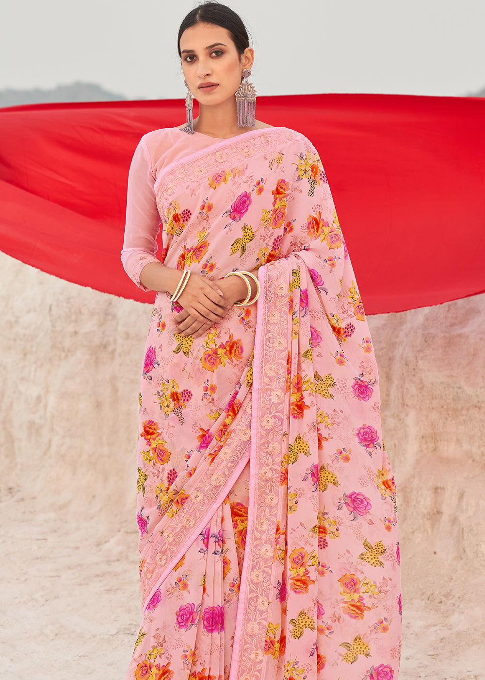 MySilkLove Seashell Pink Digital Printed Chiffon Saree