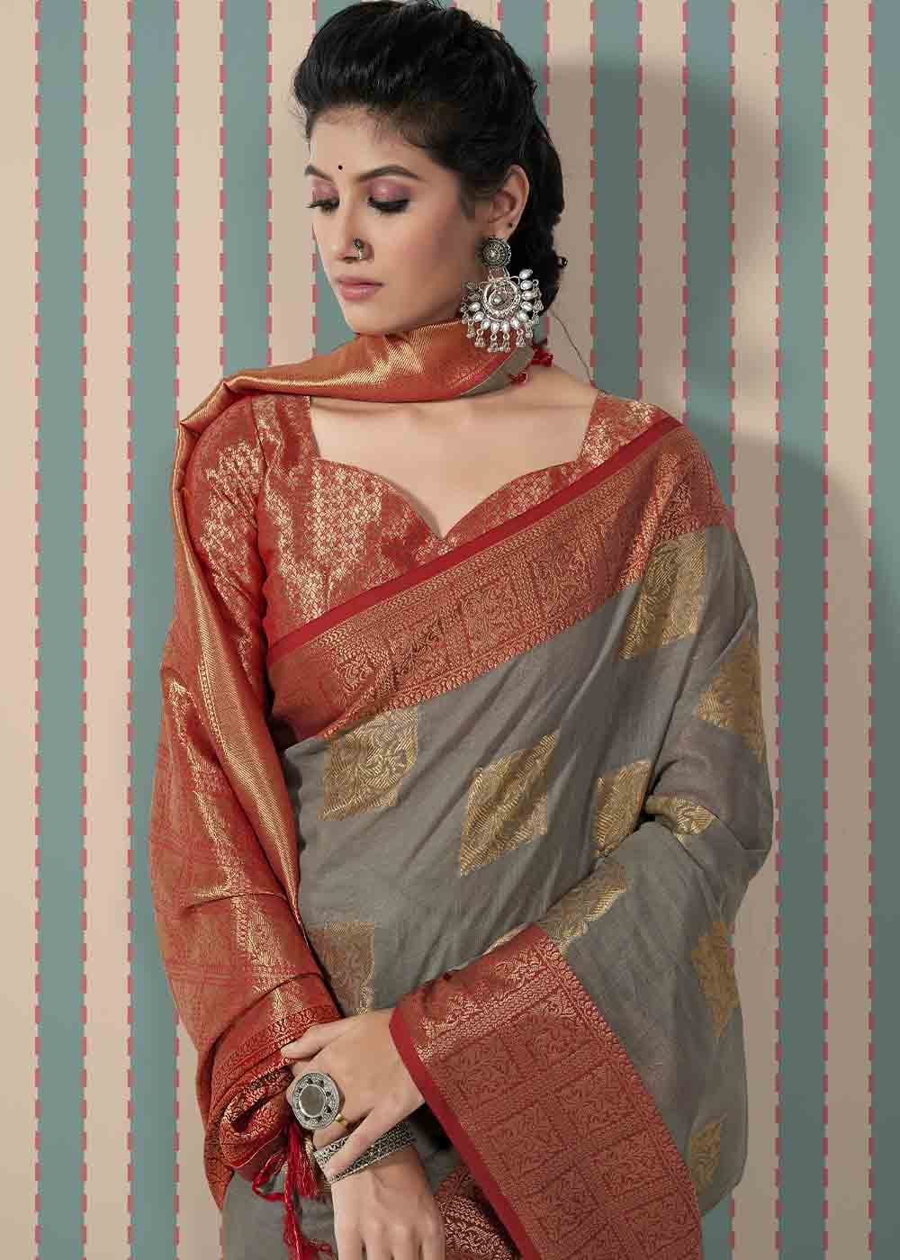 Buy MySilkLove Sand Grey and Red Zari Woven Linen Saree Online