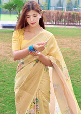 Calico Yellow Floral Printed Soft Silk Saree