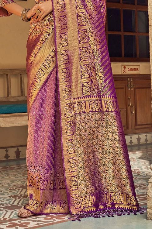 Buy MySilkLove Tapestry Purple Zari Woven Tanchui Kanjivaram Fusion Silk Saree Online