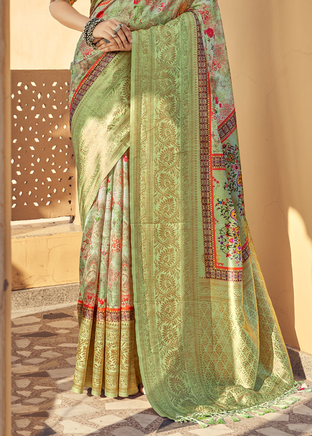 Buy MySilkLove Barley Green Digital Printed Jacquard Silk Saree Online