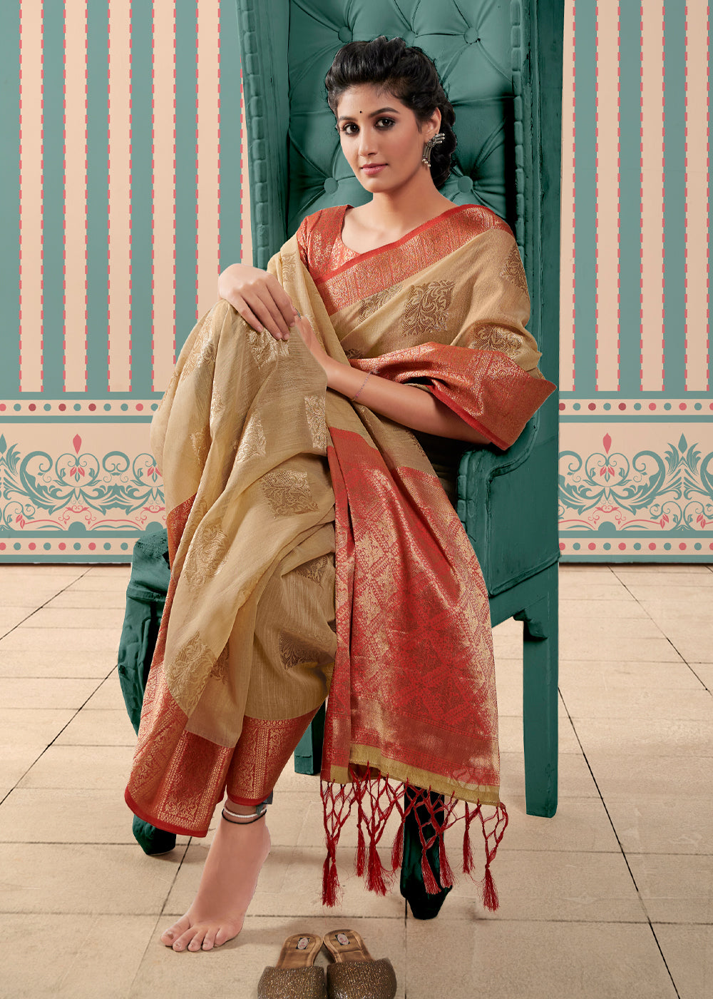 Buy MySilkLove Muddy Water Cream Zari Woven Banarasi Brocade Linen Saree Online