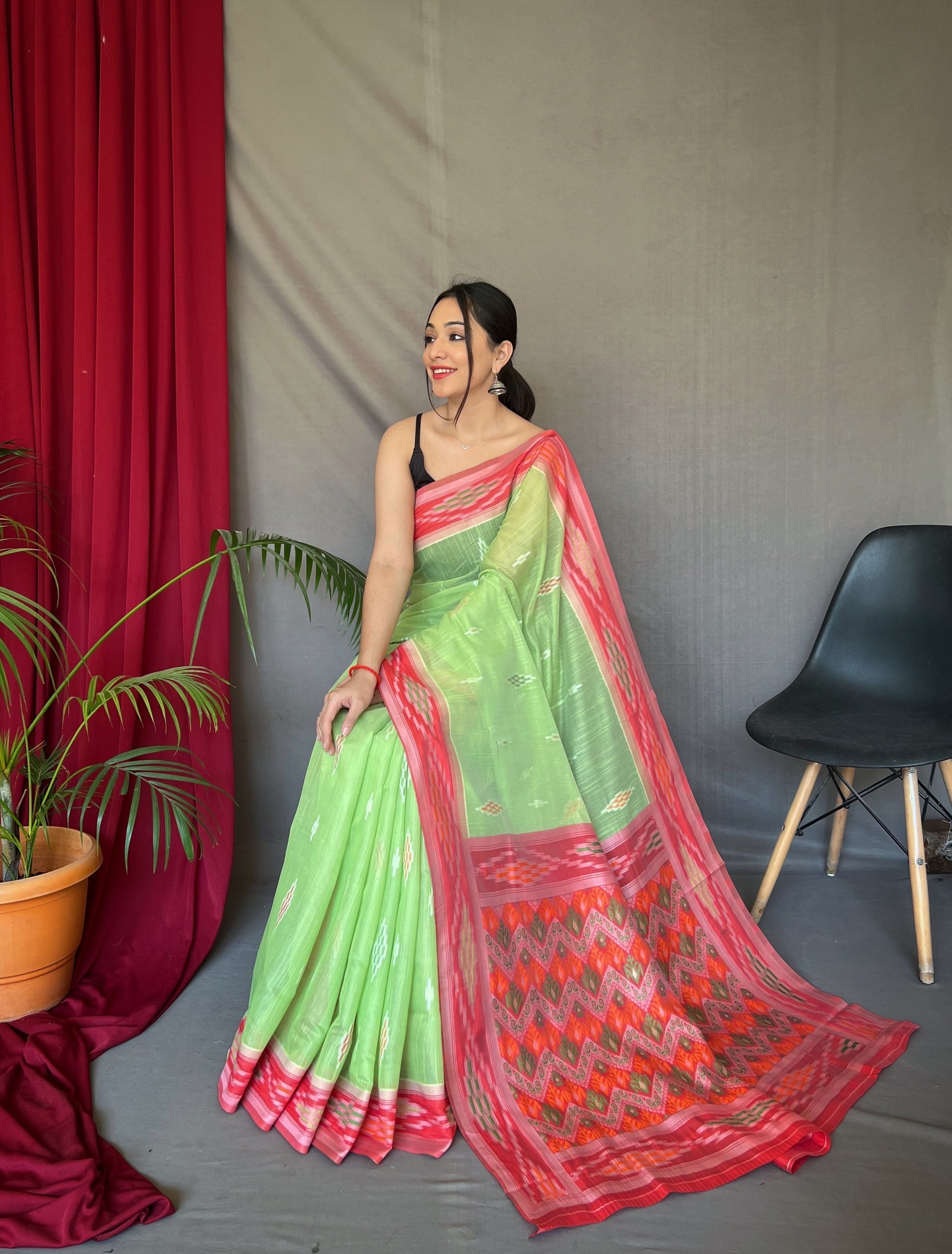 Buy MySilkLove Feijoa Green Ikat Woven Cotton Silk Saree Online