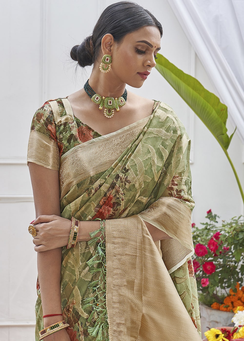 Buy MySilkLove Sage Green Digital Printed Organza Silk Saree Online