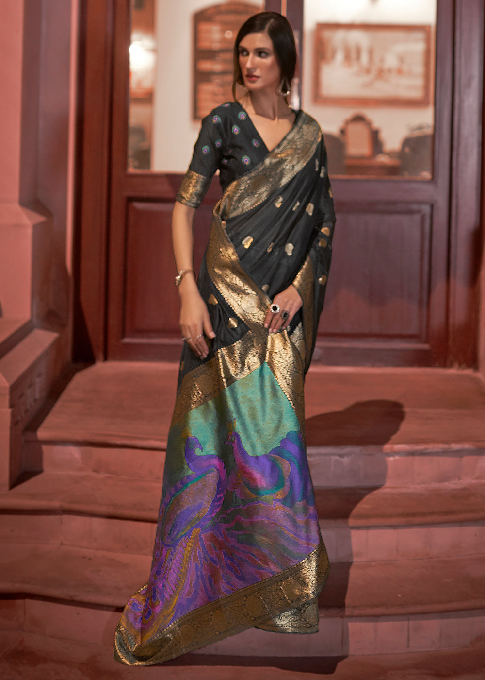 Buy MySilkLove Dune Black Zari Woven Banarasi Saree with Peacock Pallu Online