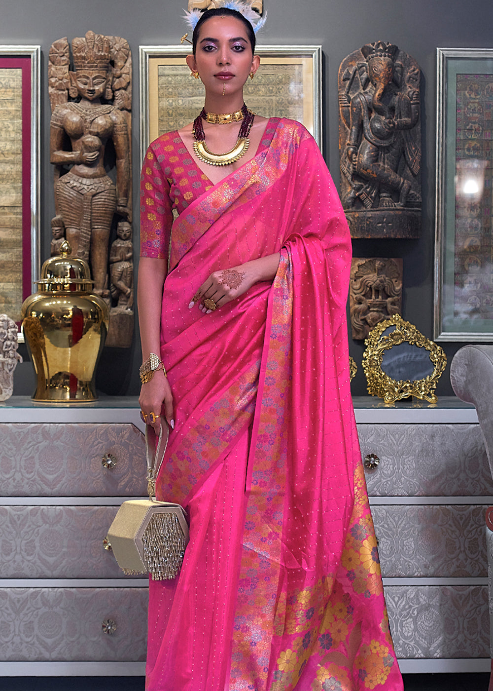 Buy MySilkLove Hot Pink Woven Dual Tone Organza Banarasi Silk Saree Online