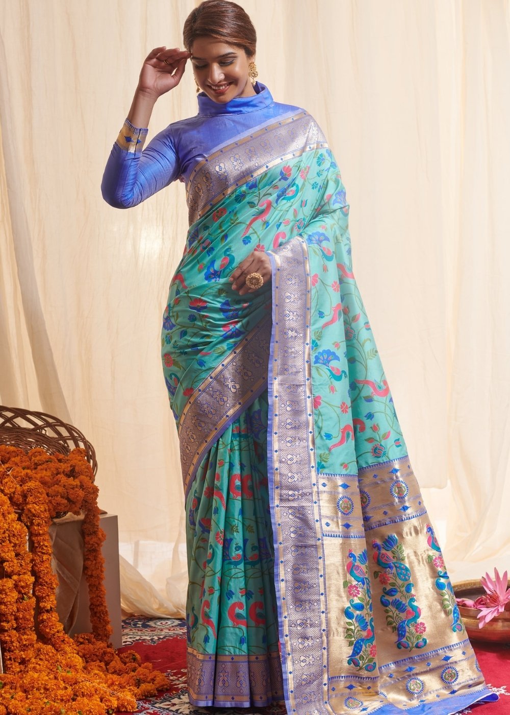 Buy MySilkLove Morning Blue Zari Woven Paithani Saree Online