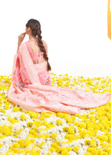 Azalea Pink Zari Woven Digital Printed Linen Saree