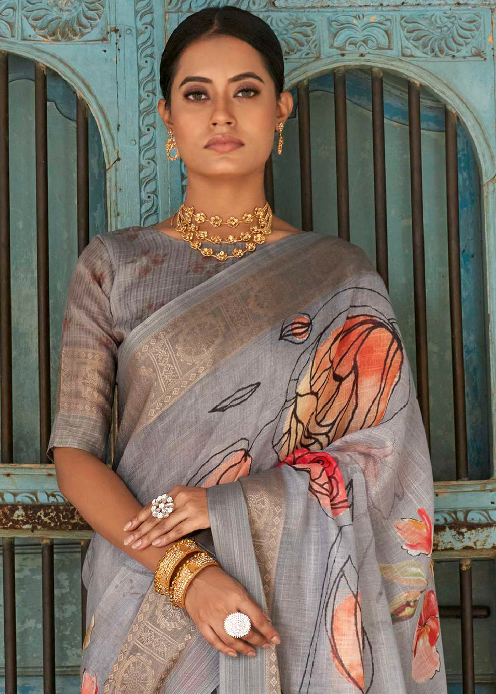 Buy MySilkLove Quick Silver Grey Floral Printed Linen Silk Saree Online