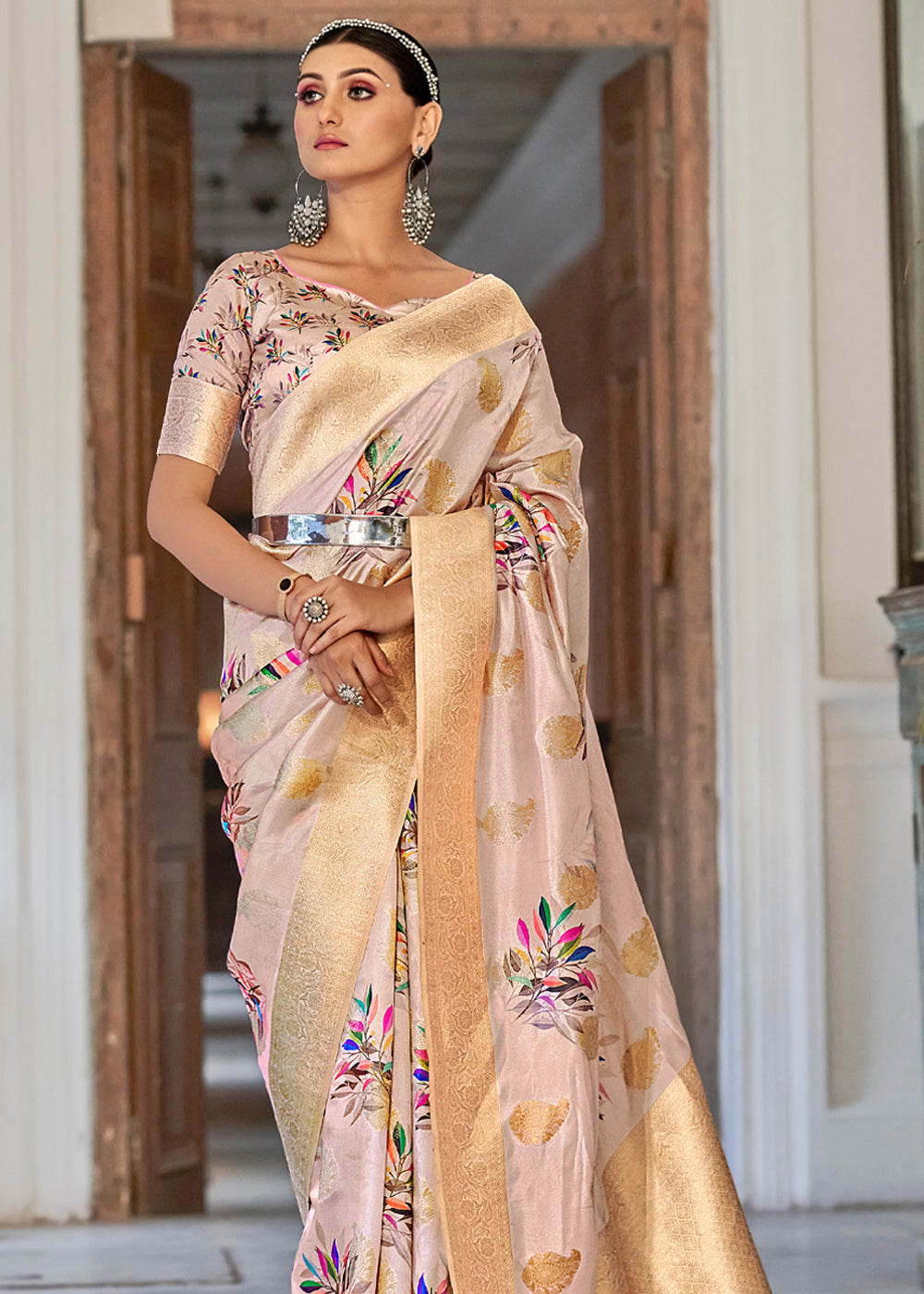 Buy MySilkLove Rose Fog Light Pink Digital Printed Banarasi Saree Online