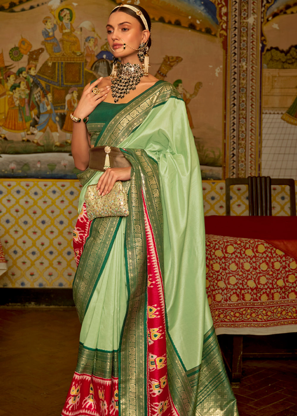 Buy MySilkLove Pine Glade Green Banarasi Patola Saree Online