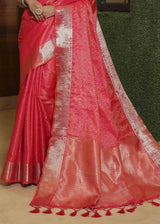 Tulip Pink Zari Woven Banarasi Soft Silk Saree