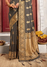 Pine Cone Grey Zari Woven Banarasi Jamdani Silk Saree