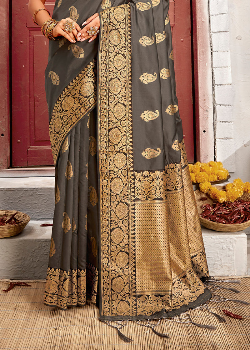 Pine Cone Grey Zari Woven Banarasi Jamdani Silk Saree