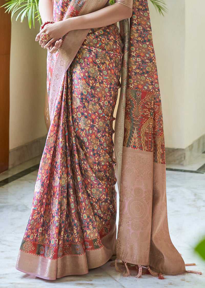 Brandy Rose Pink Banarasi Saree with Jamewar Print