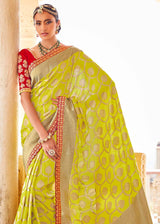 Wattle Green Zari Woven Designer Banarasi Saree