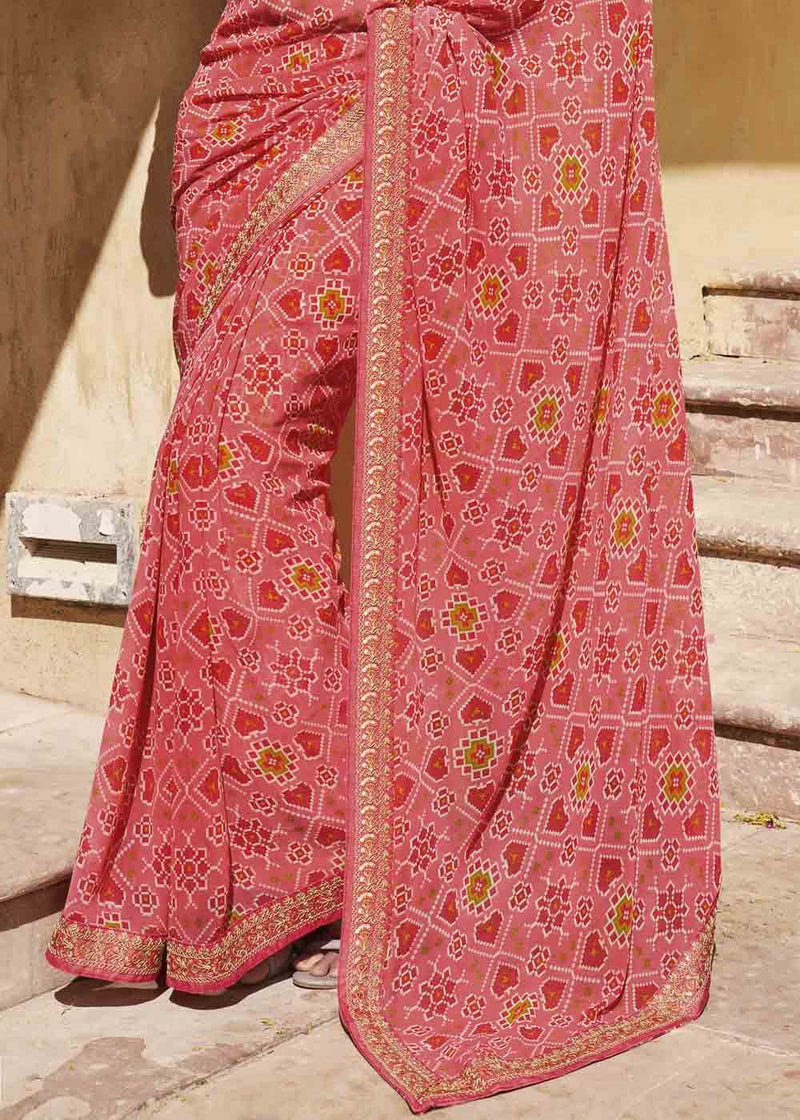 My Pink Patola Print Georgette Saree With Embroidered Blouse