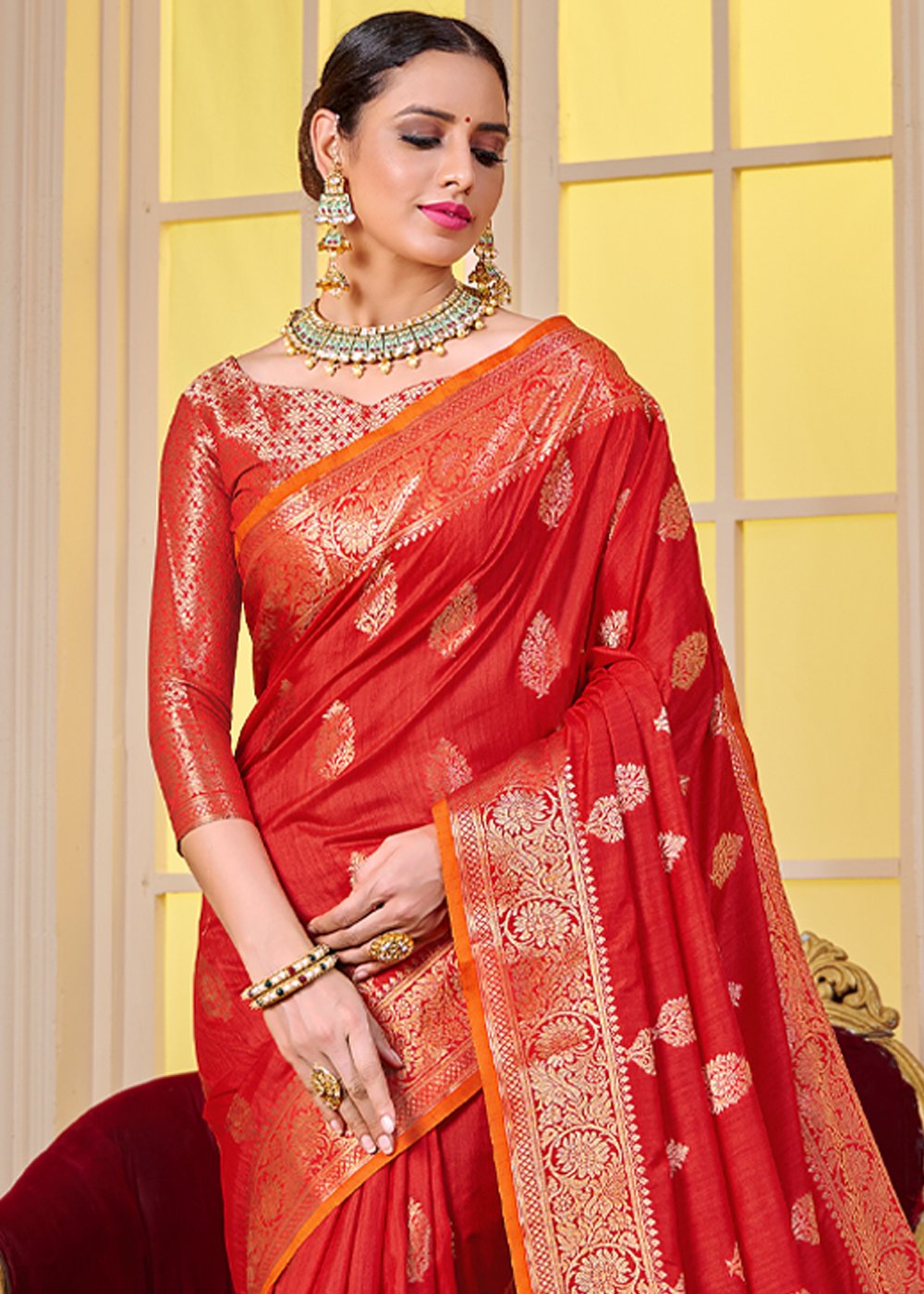 Buy MySilkLove Valencia Red Zari Woven Banarasi Saree Online