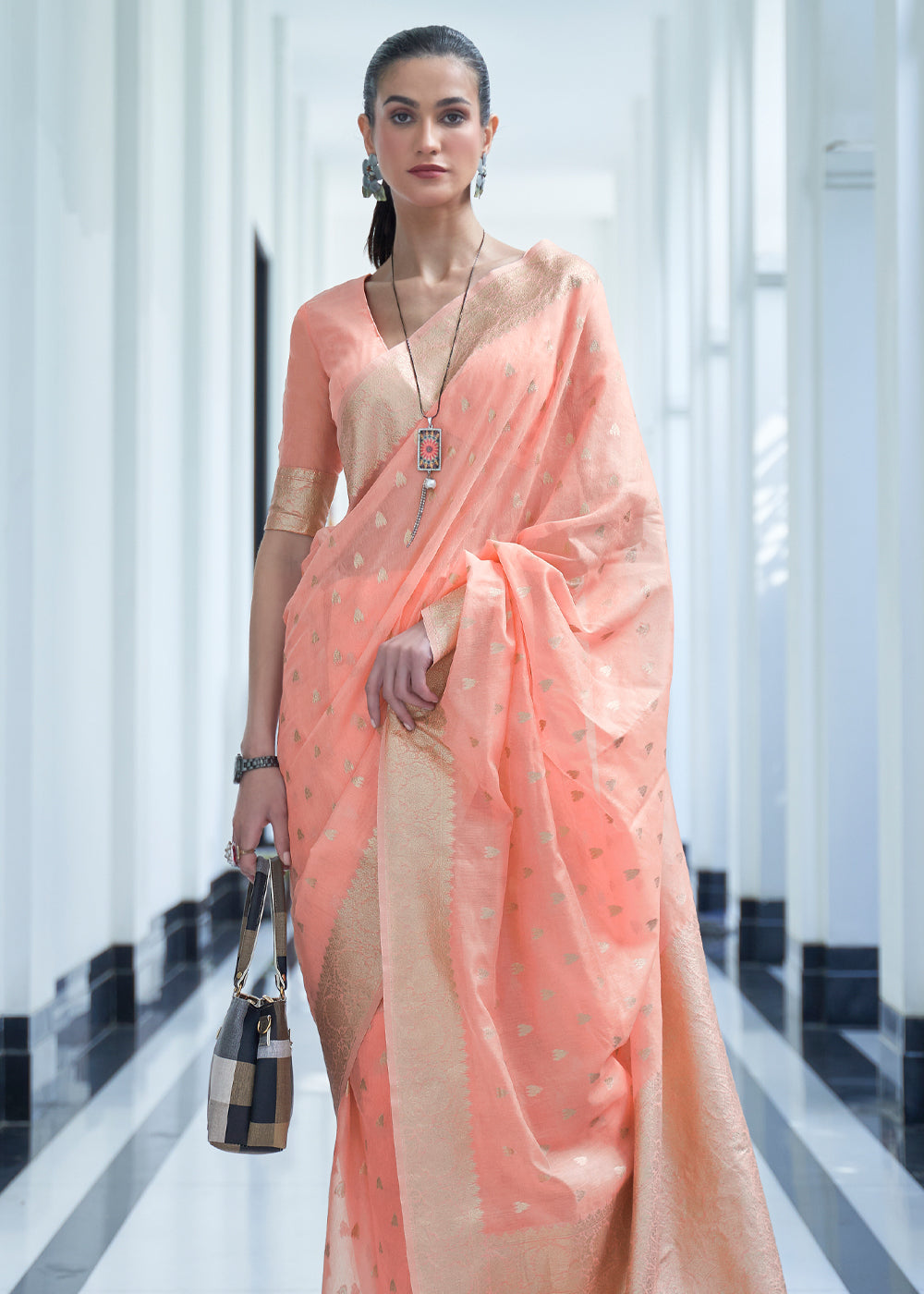 Buy MySilkLove Rose Bud Peach Zari Woven Banarasi Kora Silk Saree Online