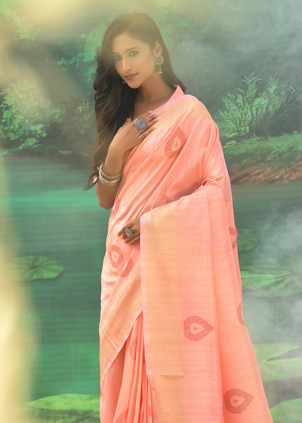 Buy MySilkLove Wax Peach Pink Banarasi Jacquard Silk Saree Online