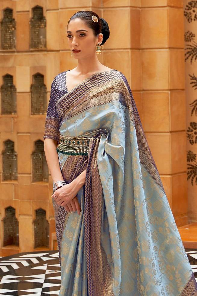 Buy MySilkLove Tower Gray Zari Woven Kanjivaram Saree Online