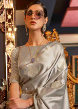 Cloudy Grey Zari Woven Banarasi Satin Silk Saree