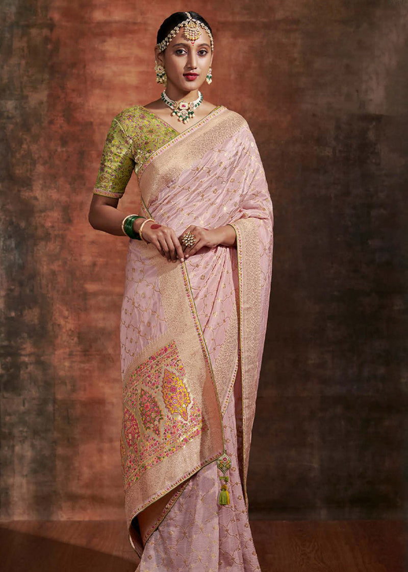 Mandys Pink Woven Banarasi Soft Silk Saree
