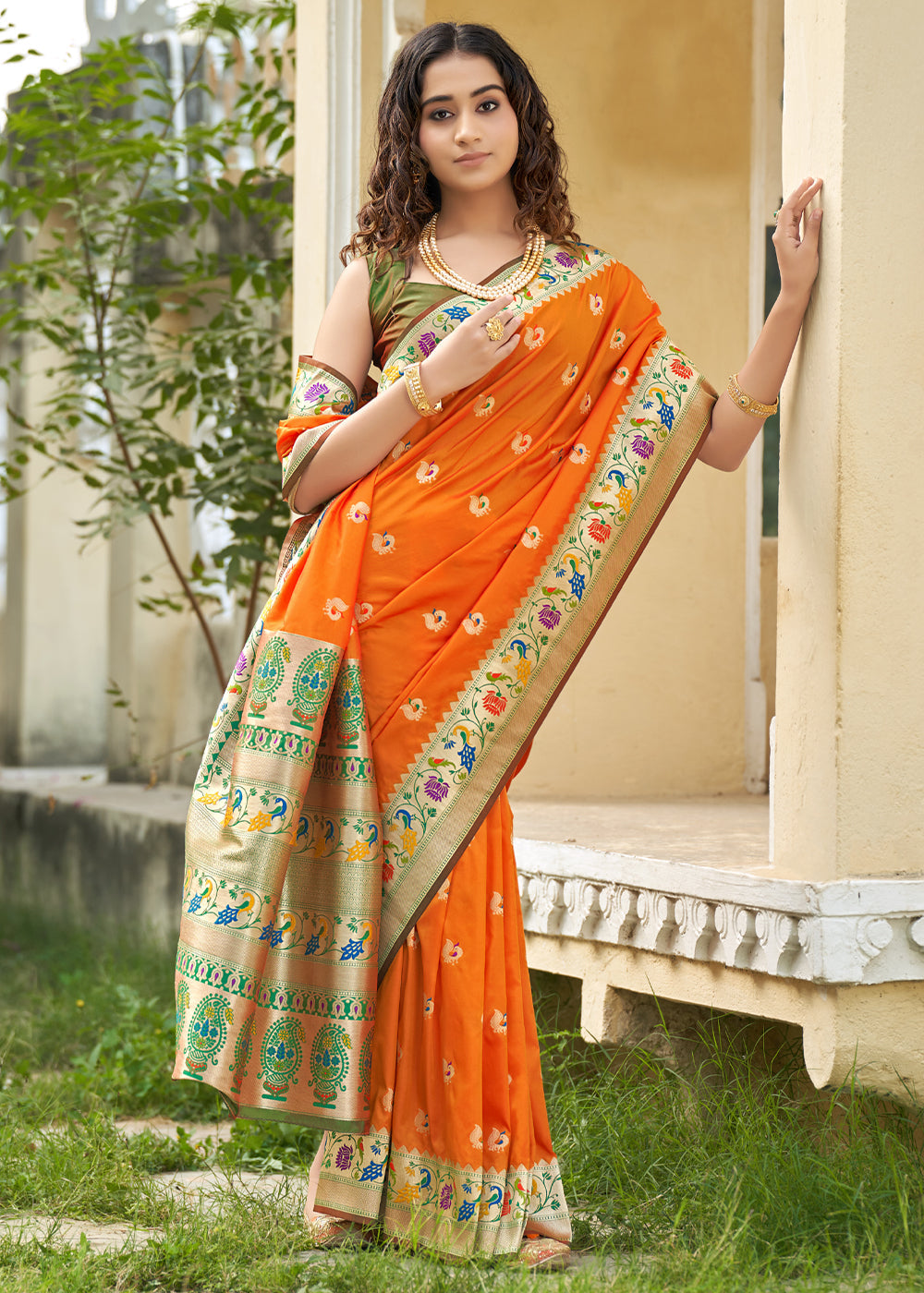 Buy MySilkLove Flamingo Orange and Green Zari Woven Banarasi Paithani Saree Online