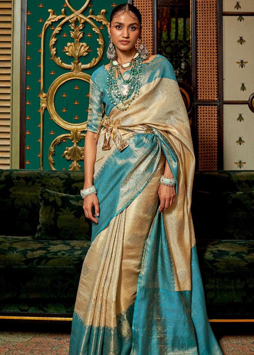 Buy MySilkLove Sorrell Cream and Blue Zari Woven Banarasi Tussar Saree Online