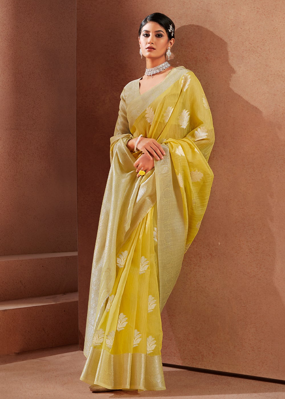 MySilkLove Old Gold Yellow Zari Woven Banarasi Linen Saree