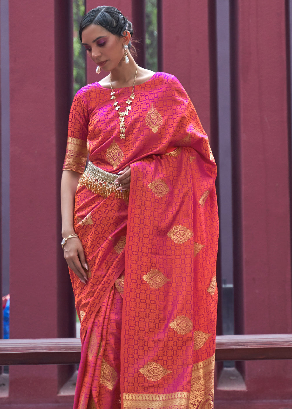 Buy MySilkLove Red Damask Banarasi Woven Satin Silk Saree Online