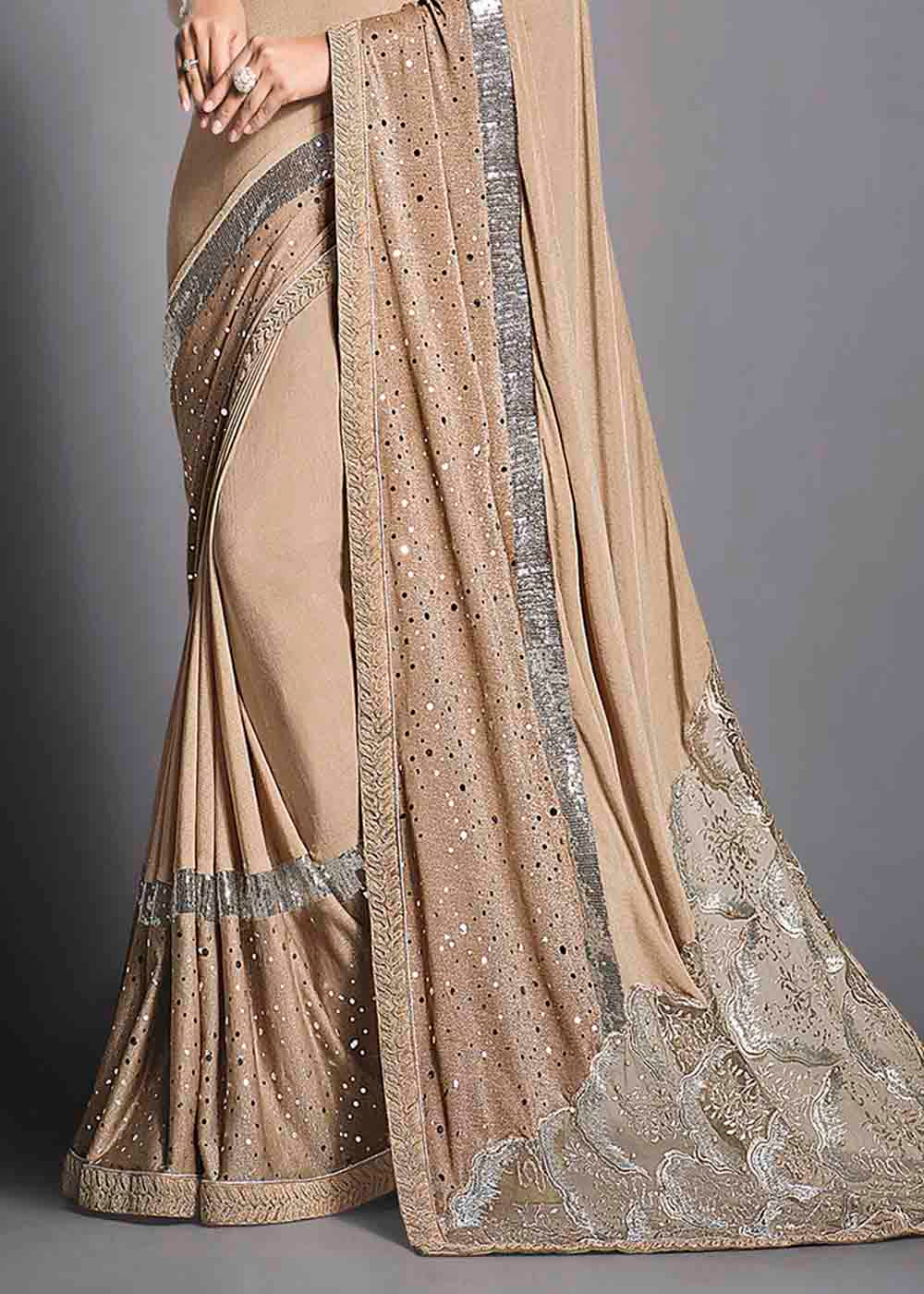 Buy MySilkLove Rose Fog Cream Designer Lycra Saree with Embroidery Work Online