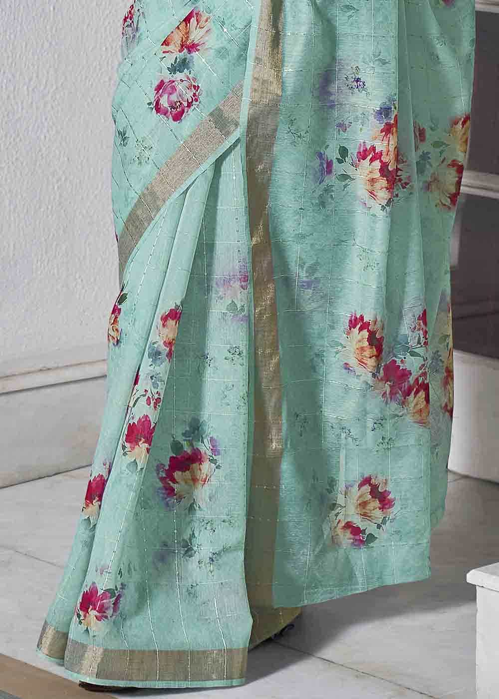 Buy MySilkLove Opal Blue Digital Floral Printed Saree Online