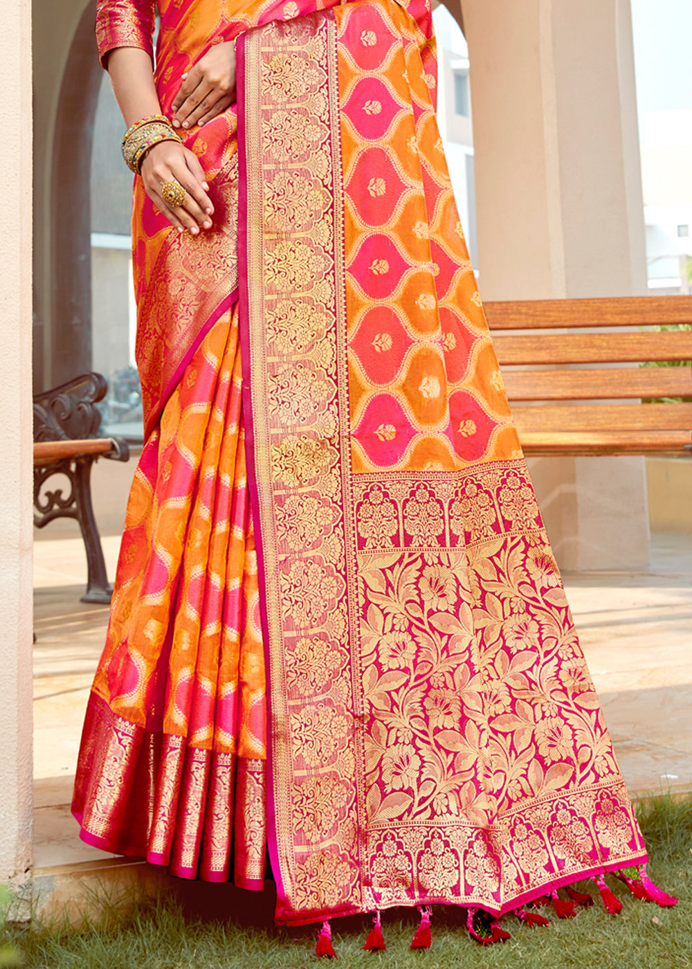 Buy MySilkLove Punch Orange and Red Wonen Banarasi Rangkath Silk Saree Online