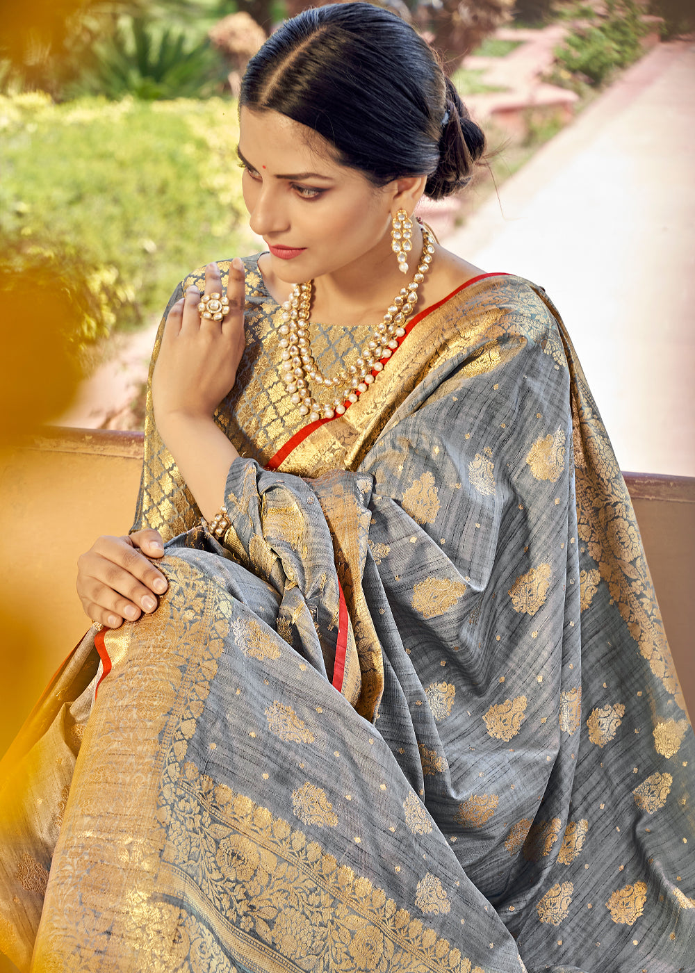 Buy MySilkLove Silver Sand Grey Zari Woven Banarasi Linen Saree Online