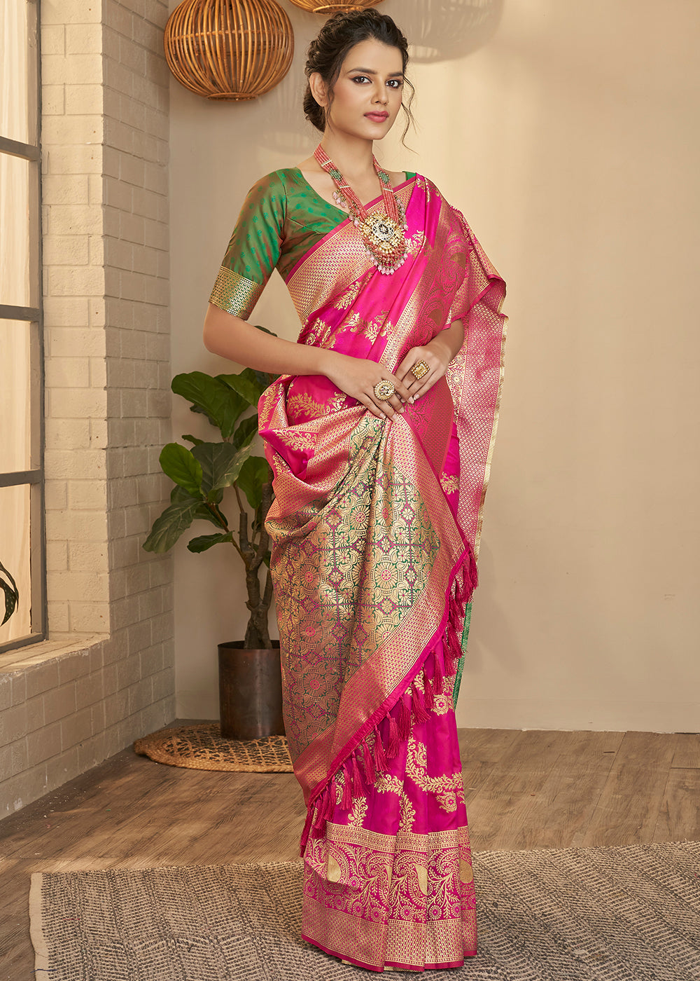 MySilkLove Cabaret Pink and Green Zari Woven Banarasi Saree