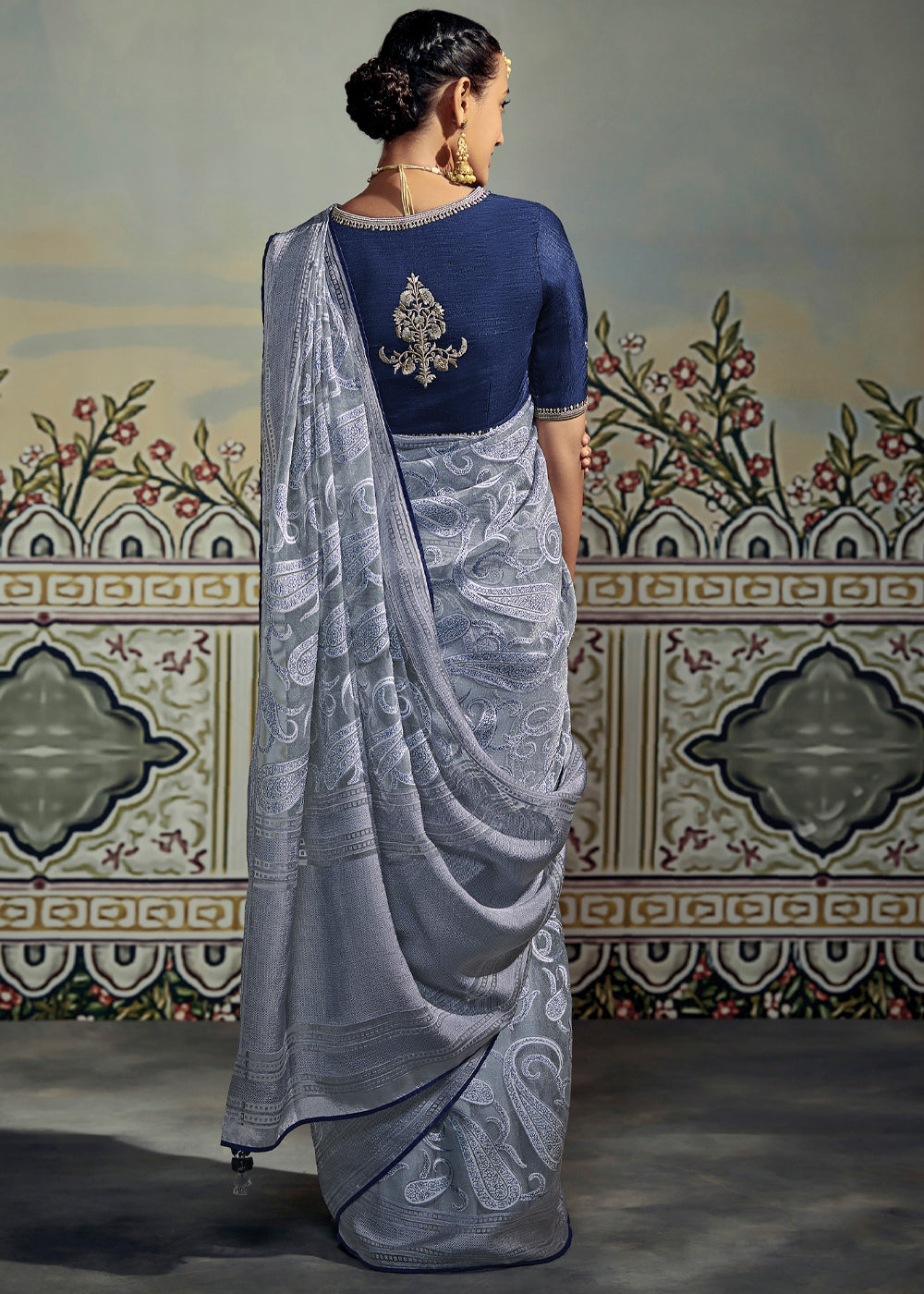 Buy MySilkLove Pale Sky Grey and Blue Woven Soft Silk Saree with Embroidered Blouse Online