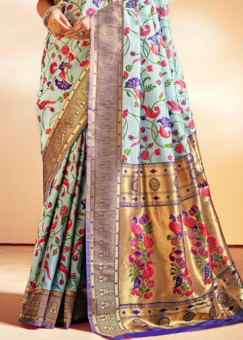 Buy MySilkLove Swans Blue Zari Woven Banarasi Paithani Fusion Saree Online