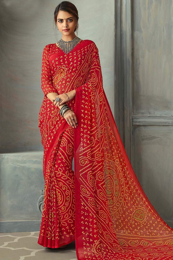 Buy MySilkLove Jasper Red Chiffon Bandhani Printed Saree Online