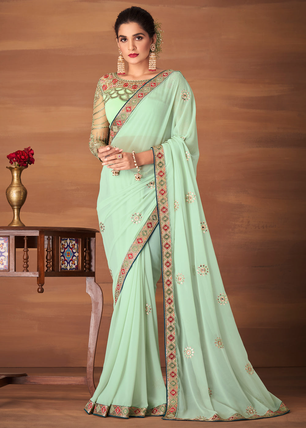 Buy MySilkLove Moss Green Designer Saree with Embroidered Blouse Online