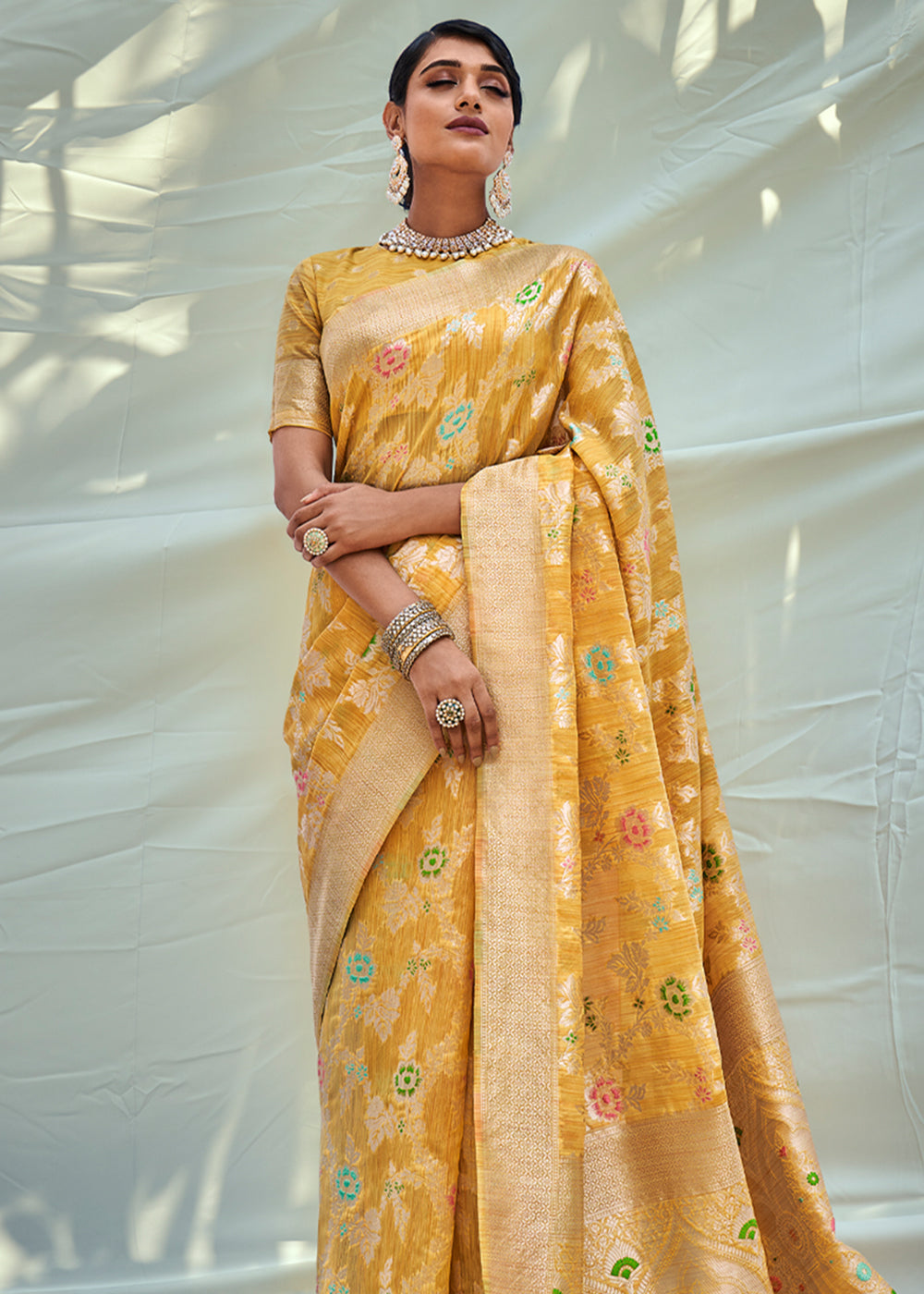 Buy MySilkLove Mustard Yellow Zari Woven Banarasi Linen Saree Online