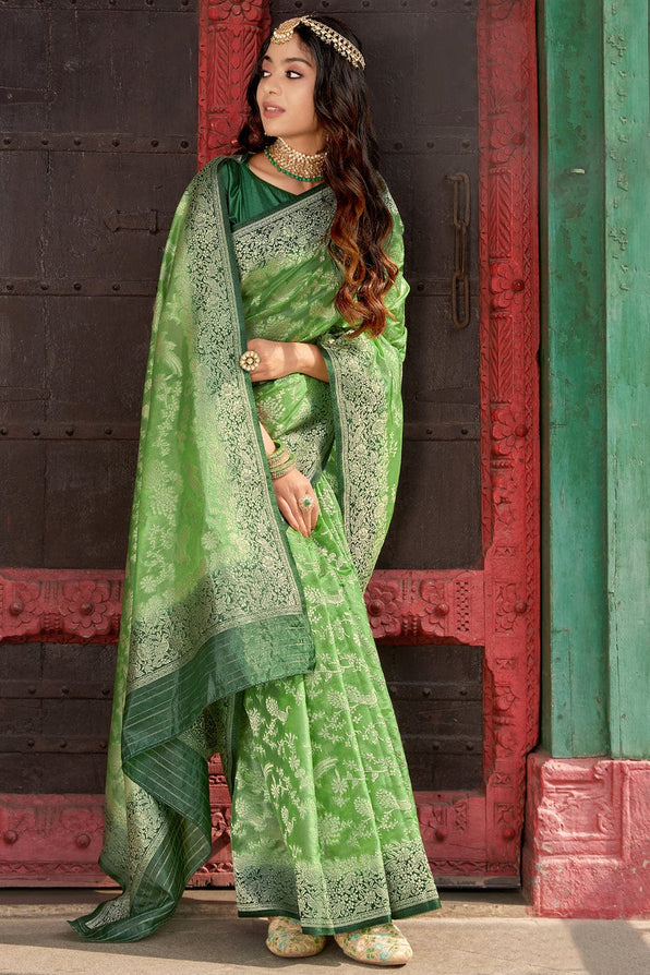 Buy MySilkLove Olivine Green Organza Saree Online