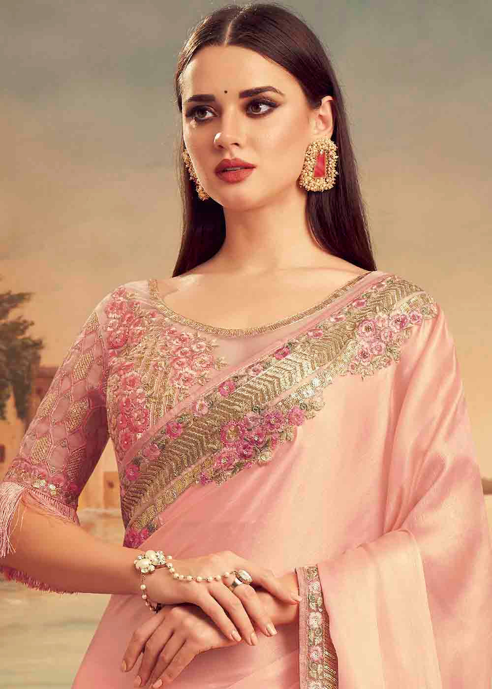 Buy MySilkLove Mona Pink Embroidered Satin Silk Designer Saree Online